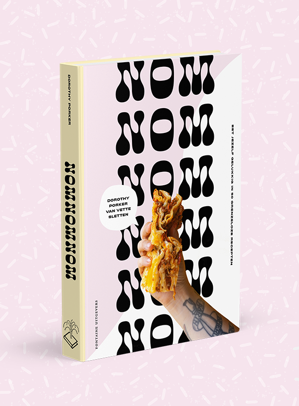 The cover of the book Nomnomnom by Dorothy Porker on a pink monochromatic sprinkled backdrop. The book has a yellow spine. On the cover the title Nomnomnom is repeating itself in a saucy thick font. There is a swirl of pink and white dividing the background and a hand clasping a piece of lasagne in front. A small bubble indicated the name of the author.
