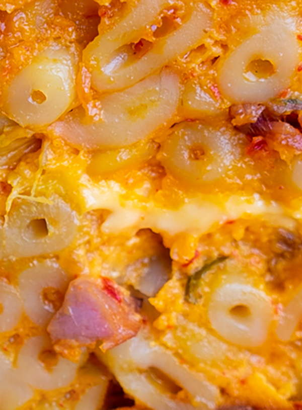 A close up of some kimchi mac and cheese